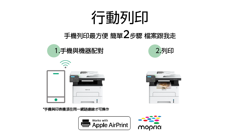 行動列印手機列印最方便 簡單2步驟 檔案跟我走1.手機與機器配對*手機與印表機須在同一網路連線才可操作Works with2.列印Apple AirPrintmopria