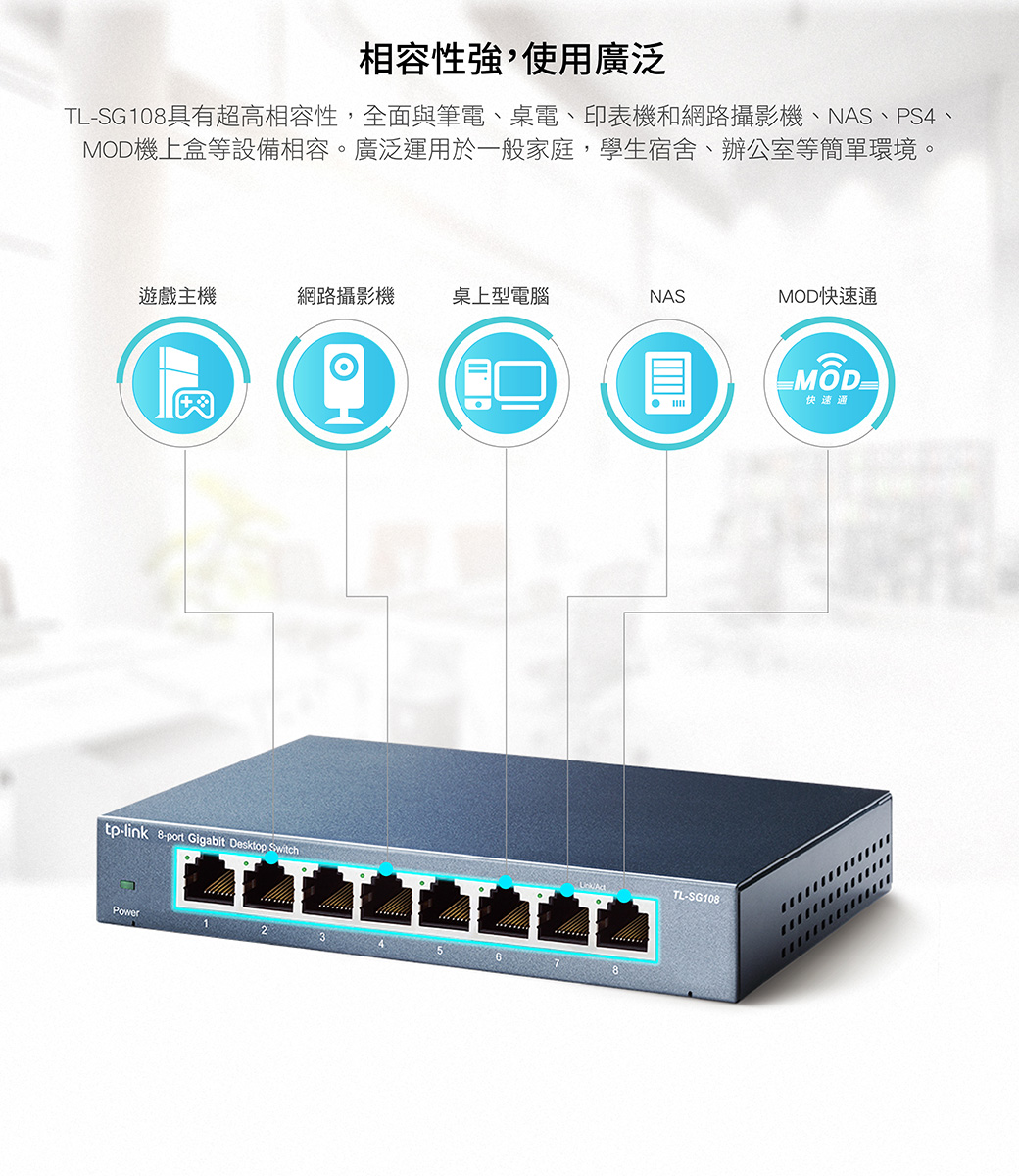 相容性強,使用廣泛TLSG10具有超高相容性,全面與筆電、桌電、印表機和網路攝影機、NAS、PS4、MOD機上盒等設備相容。廣泛運用於一般家庭,學生宿舍、辦公室等簡單環境。遊戲主機網路攝影機桌上型電腦NASMOD快速通tp-link 8-port Gigabit Desktop SwitchPowerTL-SG108MOD快速通